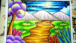 Mewarnai Pemandangan Gradasi Dengan Crayon Oil Pastel