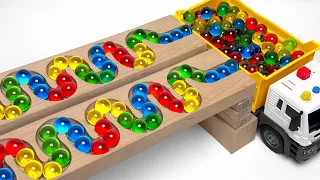 Marble Run Race ☆ Rolling Marbles in HABA Slope, Dump Truck & Garbage Trucks, Ambulance and Vehicles