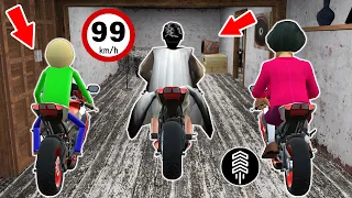 Granny, Scary Teacher and Baldi rides motorcycles - funny horror animation (fun mix 25)