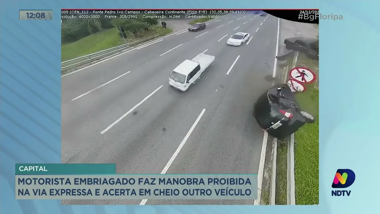 motorista embriagado faz manobra proibida na via expressa, em Florianópolis, e causa acidente
