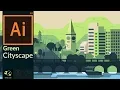 Flat Design Green Cityscape Artwork Using Basic Shapes in Adobe illustrator