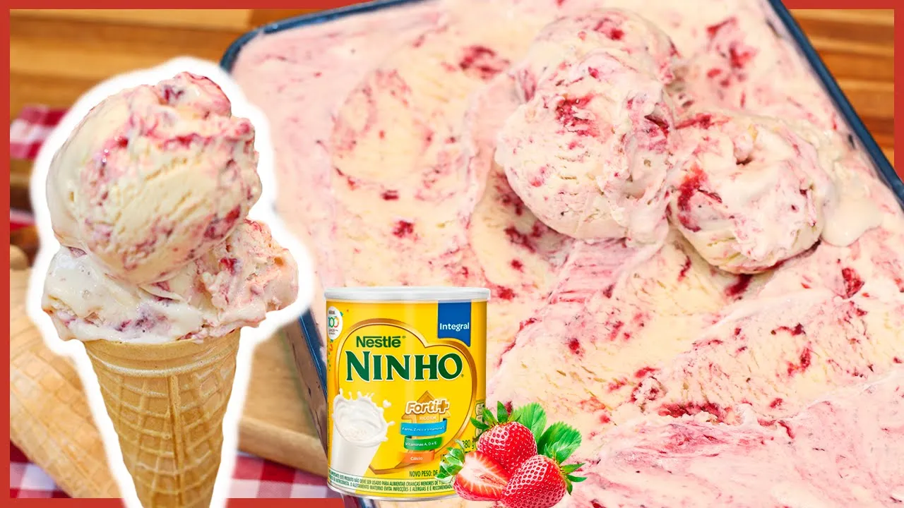 SORVETE DE NINHO COM MORANGO I MUITO CREMOSO E FÁCIL I Receitas de Pai