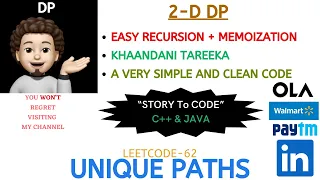 Unique Paths Recursion Memoization AMAZON CISCO PAYTM OLA LINKEDIN Leetcode - 62