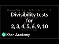 Divisibility tests for 2 3 4 5 6 9 10 Factors and multiples Pre-Algebra Khan Academy