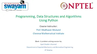 Week-2 NPTEL Problem Solving Session on Programming Data Structures and Algorithms Using Python