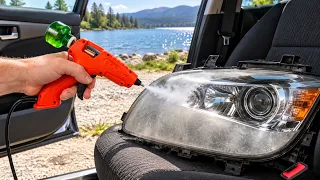 Plug a glue gun into your cigarette lighter, and your fogged-up headlights will be like NEW.