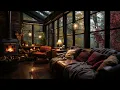 暖炉のある居心地の良い部屋での雨の秋の日と窓の雰囲気の秋の雨 | 8時間