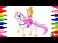 PRINCESS riding in a UNICORN DRAW AND COLOR w Sketch Coloring pages for kids Art Time