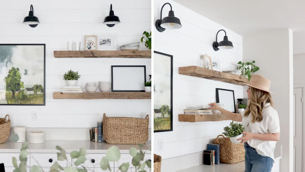 DIY Shiplap Wall with Wall Sconces and Floating Shelves - HGG Home Series