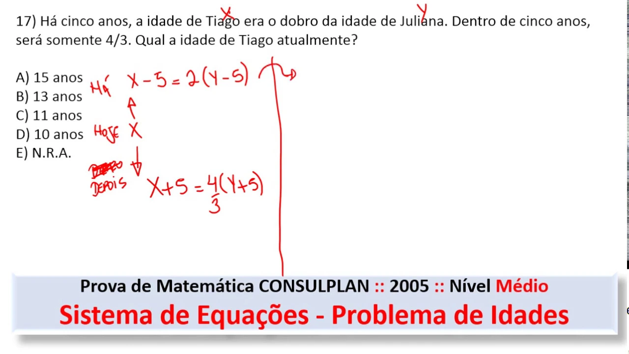Sistema de Equações  problema de idades #CONSULPLAN Q17 2019 Prova de Matemática #Concurso #Médio