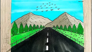 رسم سهل رسم منظر طبيعى بالمنظور طريق بين الجبال والاشجار بخطوات بسيطة رسم رسم Rsm 