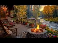 Cozy Autumn Porch by the River | Campfire, Water Sounds | Forest Nature Sounds for Morning Ambience