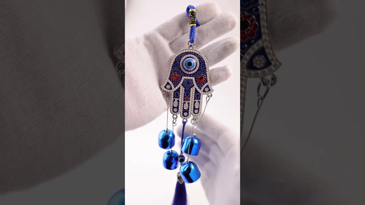 Small Hamsa Hand & Evil Eye Hanging with 5 Bells for Protection, Positivity & Good Luck