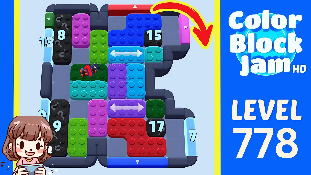 Color Block Jam Level 778 2:05 dense board with counters 8, 9, 15, and 17 plus cyan and purple slider blocks opening frame