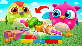 Hop Hop is playing cooking and building a barbecue for toy vegetables.