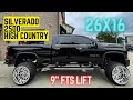 EXTREMELY WIDE TRUCK 26x16 on Silverado 2500 High Country 9 inch FTS lift kit and wheel lights