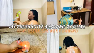 PRODUCTIVE MORNING SHOWER ROUTINE WORKOUT CLEAN BREAKFAST HAIR SKIN CARE AESTHETIC VLOG
