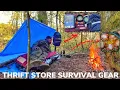 Solo Overnight Doing a 25 Thrift Store Survival Gear Challenge In the Woods and Bacon Wrapped Steak