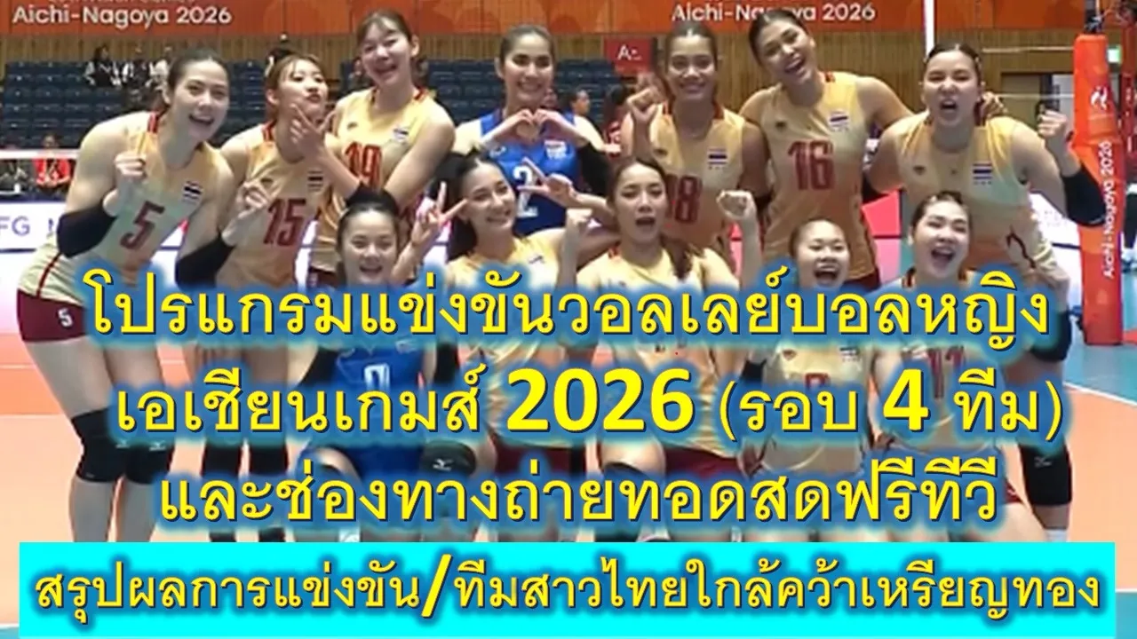 โปรแกรมแข่งขันวอลเลย์บอลหญิงเอเชียนเกมส์ 2026 (4 ทีม) และช่องทางถ่ายทอดสดฟรีทีวี