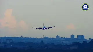 COM VENTO DE CAUDA O GIGANTE A380 ARREMETEU EM FRENTE À NOSSA CÂMERA E POUSOU DO OUTRO LADO - GRU