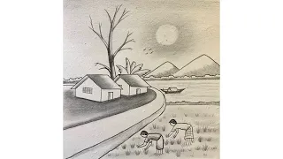 How To Draw A Simple Landscape Scenery Step By Step Village Life Art Easy 