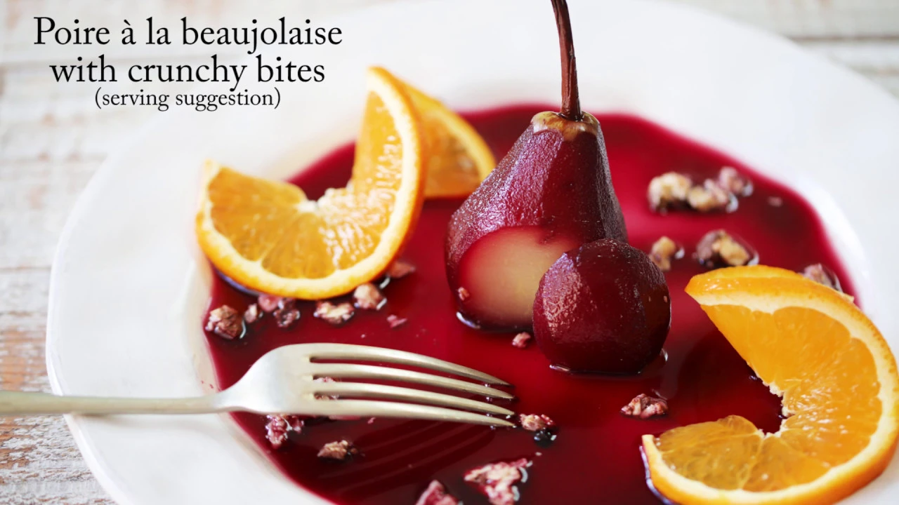 Poached pears in Beaujolais wine and Blackcurrant sauce (Poire  la beaujolaise)