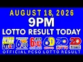 9pm Lotto Result Today August 18 2026 PCSO