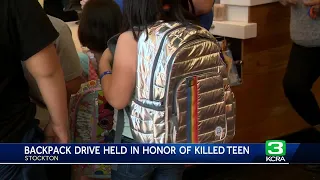 Stockton backpack giveaway hosted by family of Alycia Reynaga