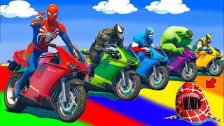 SPIDER MAN Takes on Spiral Bridge Stunt Ride on Motorcycle🦺🥽بطال الخارقين على القضبان دوامة قمع