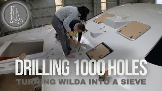 S03E32 – Drilling 1000 holes into our sailboat. Hinges installation starts | Building Wilda