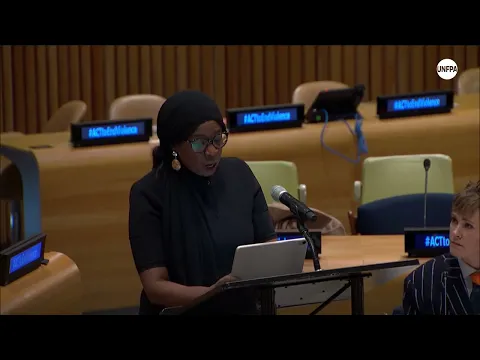 UNFPA Executive Director Ms. Diene Keita speaks at a podium.