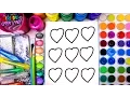 Coloring Page of Valentines Day Hearts to Color with Watercolor Glitter for Children to Learn Colors