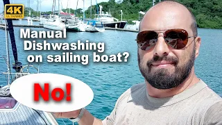 Installation of dishwasher on sailing boat. Stop washing dishes with hands, it’s time to save water