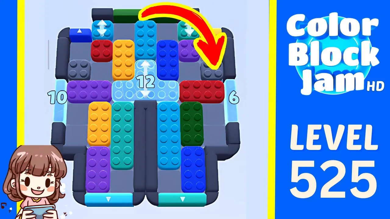 Color Block Jam Level 525 2:10 board with central frosted counter 12 and cyan side counters 10 and 6 opening frame