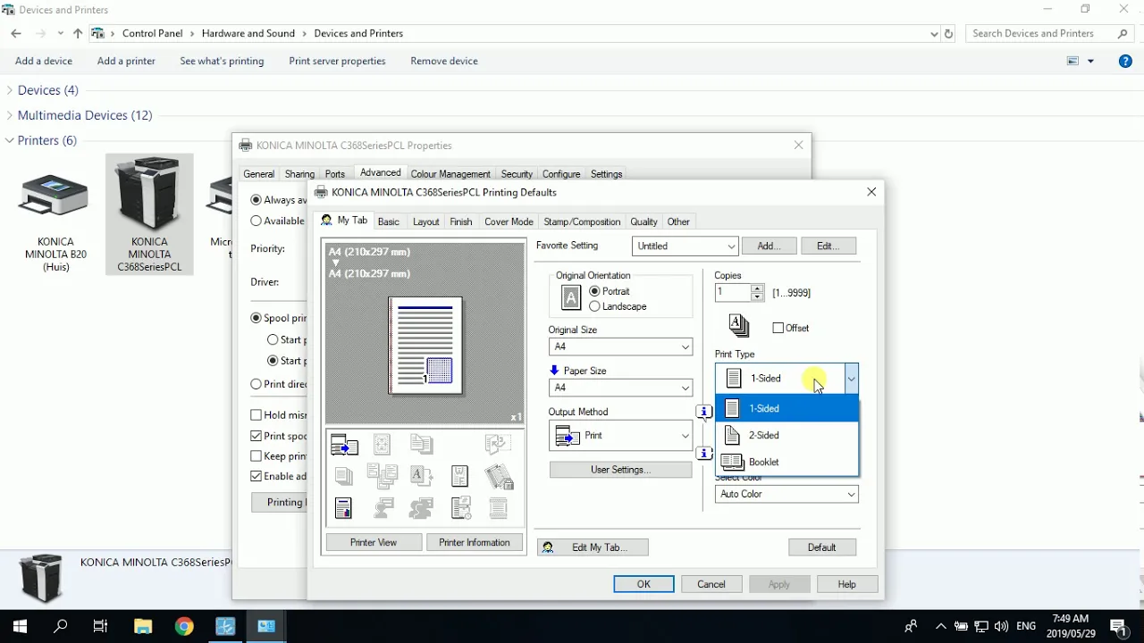 How to default 2-sided printing on Konica Minolta Windows 10 Double Sided Printing