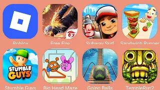 Roblox,Big Head Maze,Free Fire,Subway Surf,Temple Run 2,Stack Rider,Stumble Guys,Sandwich Runner