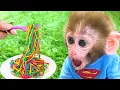 Download Lagu Monkey Baby Bon Bon goes shark fishing and eats watermelon and ducklings in the garden