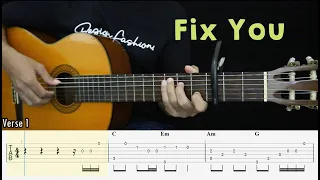 Download Fix You - Coldplay - Fingerstyle Guitar Tutorial + TAB \u0026 Lyrics MP3
