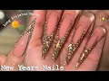 GOLD NEW YEARS NAILS LONG STILETTO POLYGEL NAILS BLING FRENCH TIP NAIL ART Nail Tutorial