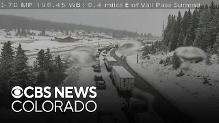 Snow falls in Colorado mountains westbound lanes of I-70 closed near Vail Pass Summit