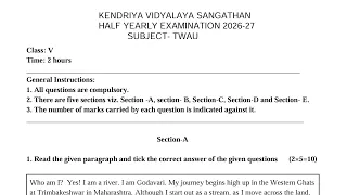 Class-5 TWAU (EVS) / Half Yearly Exam 2026-27 Question Paper Term-1 / Mid Term PM SHRI KVS
