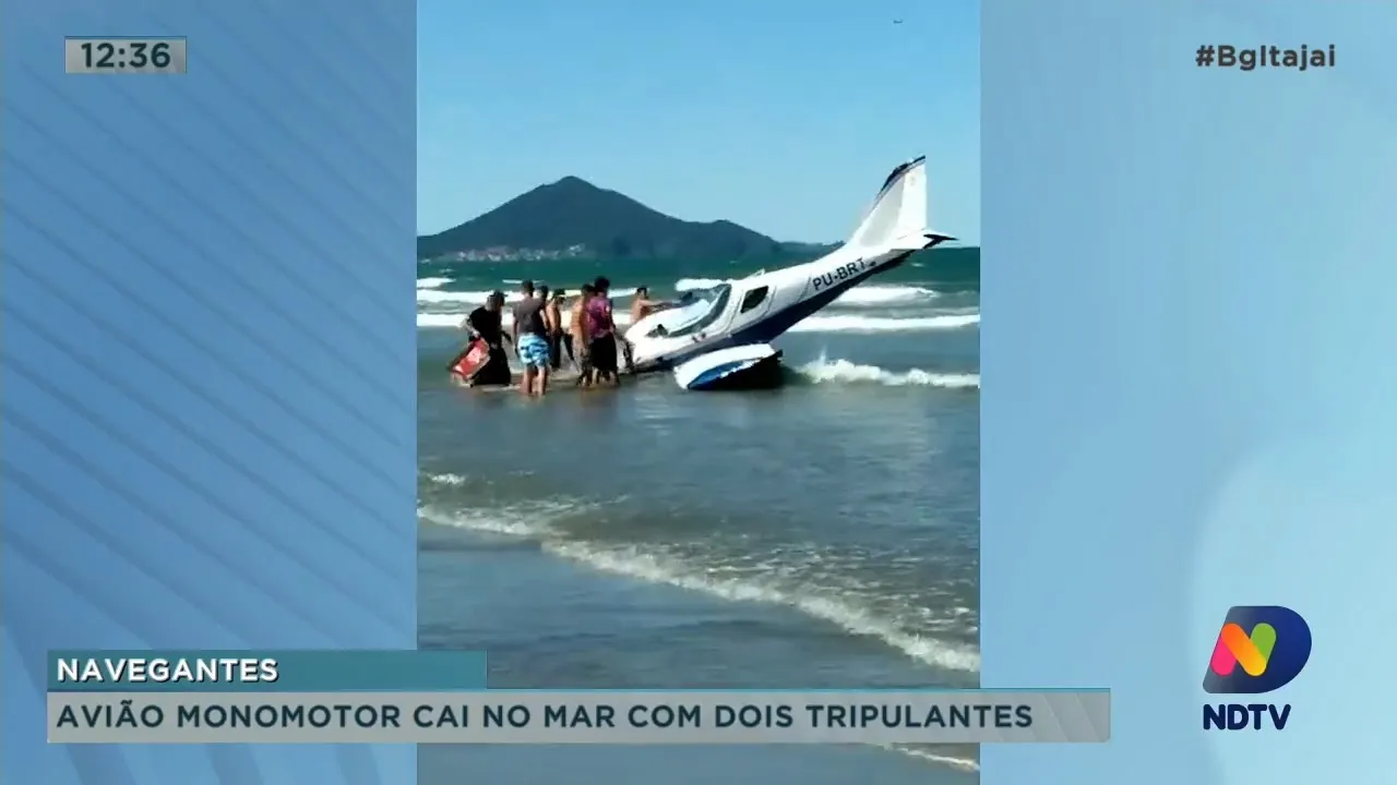 Avião mono motor cai no mar com dois tripulantes em Navegantes