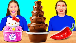 चॉकलेट फाउंटेन फोंड्यू चैलेंज | मजेदार मीठी चुनौती HAHANOM Challenge