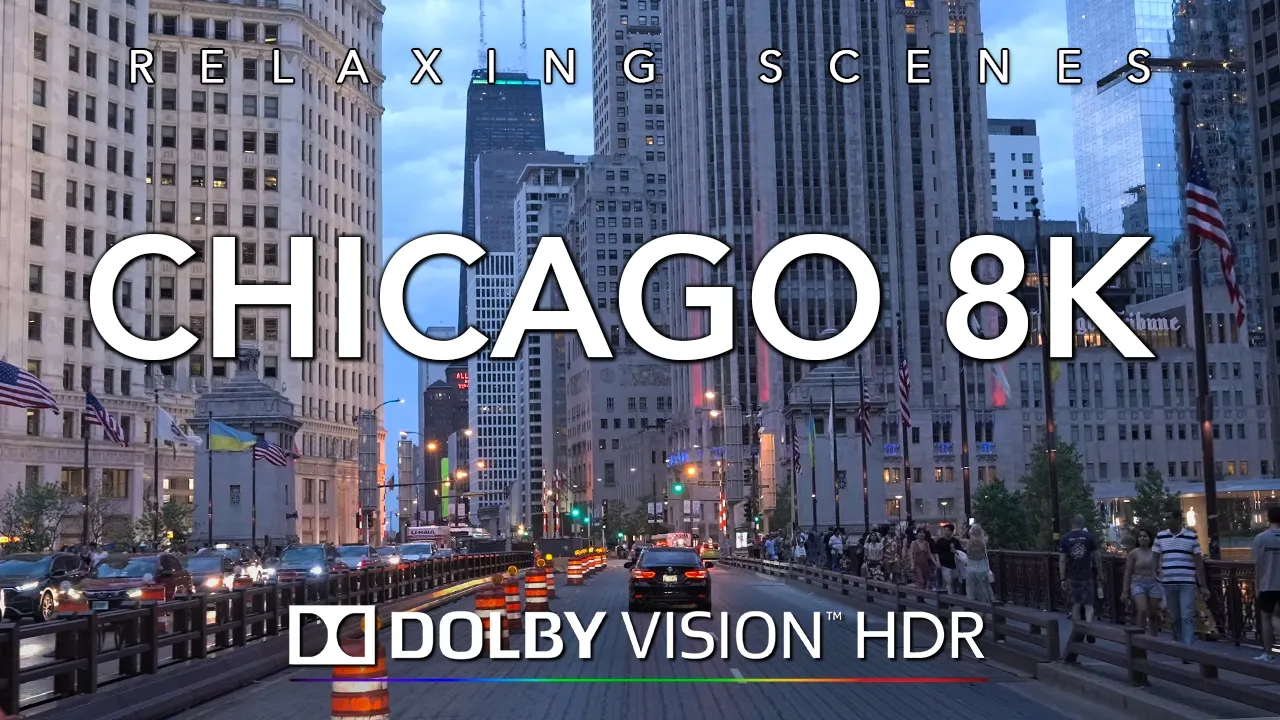 Outline Video Driving Chicago 8K - Dolby Vision HDR at Sunset
