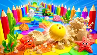 🎳🌈 Kinetic Sand Bowling Ball Smash Race! Learn Colors, Shapes & Common Items with Binkie TV⭐🧸