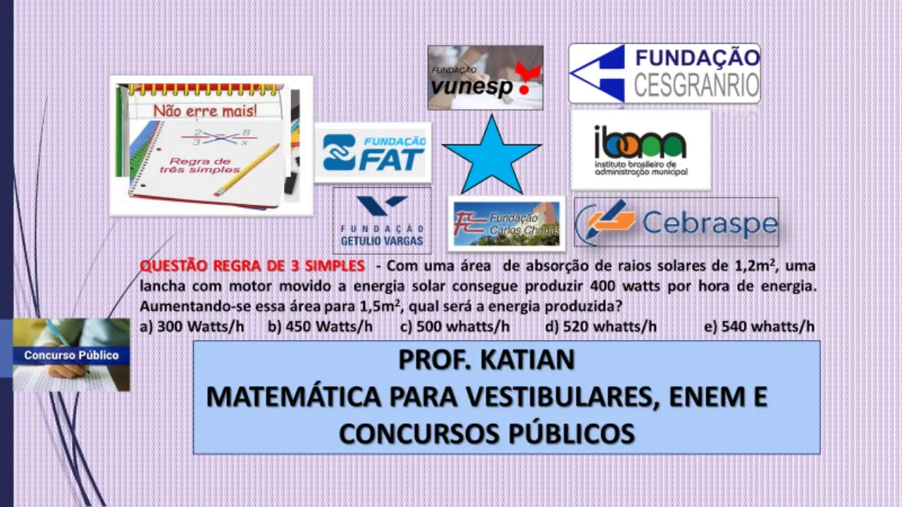 "REGRA DE 3 SIMPLES PARA CONCURSOS PÚBLICOS" Com uma área  de absorção de raios solares de 1,2m2,