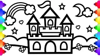 GLITTER Castle Drawing and Coloring Princess Castle Coloring Page Easy Step by Step