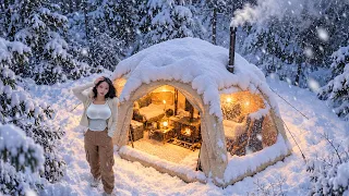 Camping in Snow Storm❄️with Inflatable Hot Tent | Winter Camping ASMR