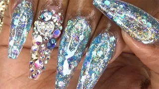 Acrylic Nails Tutorial - How To Encapsulated Nails Icy Blue Glitter Nails with Nail Forms