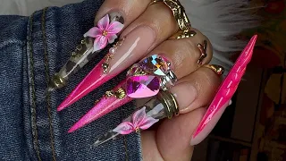 Luxury Pink Leopard Nails with 3D Flowers step by step Tutorial